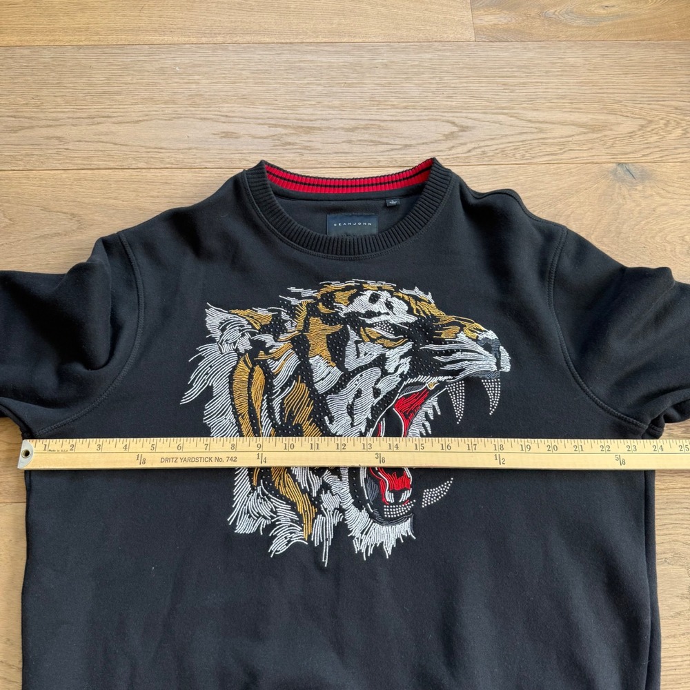 Sean John Mens Black Tiger Embroidered Crewneck Sweatshirt Large Studded Graphic - Picture 6 of 8